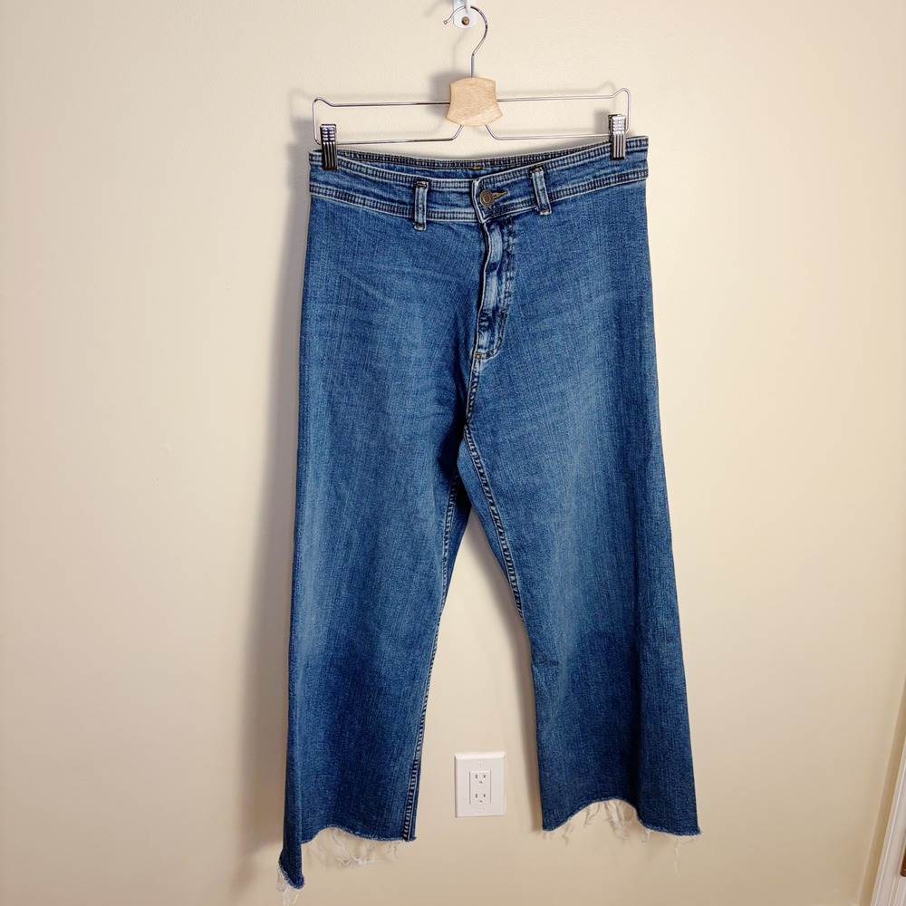 Zara Jeans Women Size 12 Blue High Waisted Wide Leg Raw Hem Denim Trousers - Picture 7 of 7